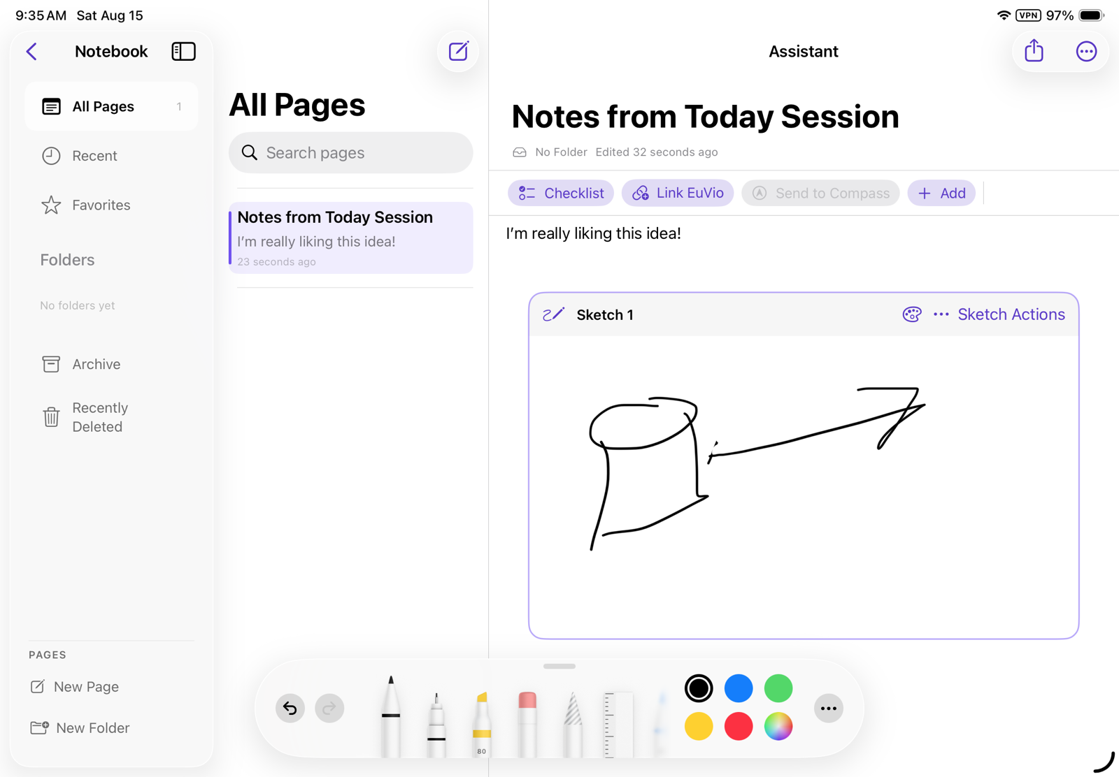 EuVio Notebook showing a note, checklist controls, and an Apple Pencil sketch